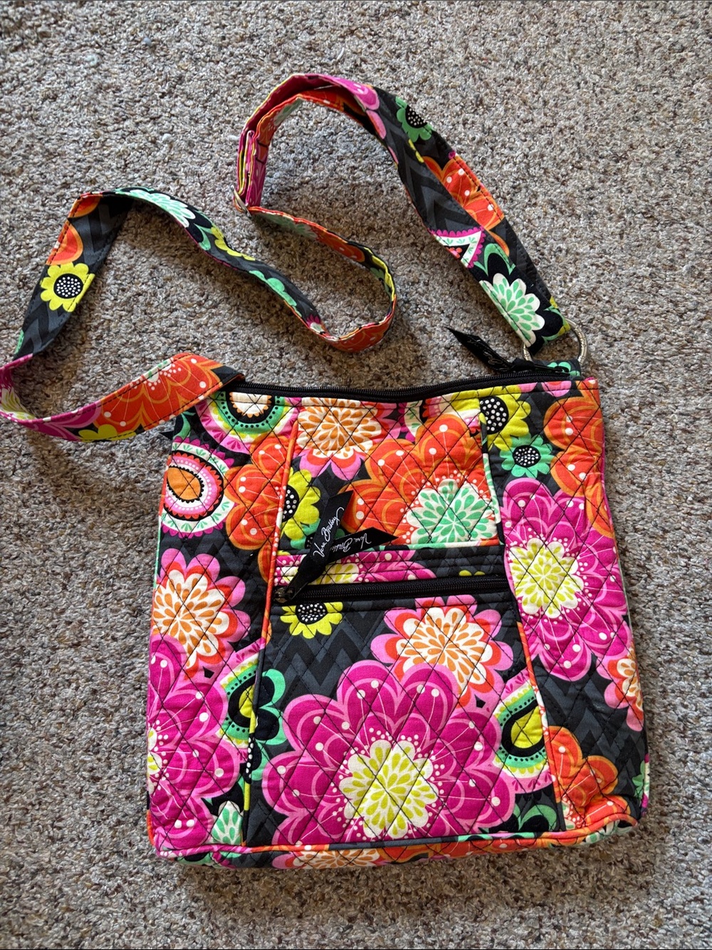 Vera Bradley Quilted Floral Crossbody in Black, Pink, Orange & Green